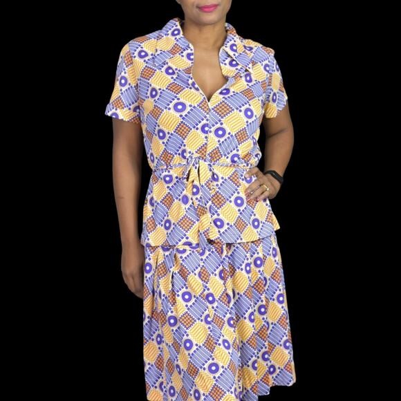 Vintage Skirt Set Purple Abstract Psychedelic Top Geo Block Print 60s 70s Medium - Picture 10 of 13